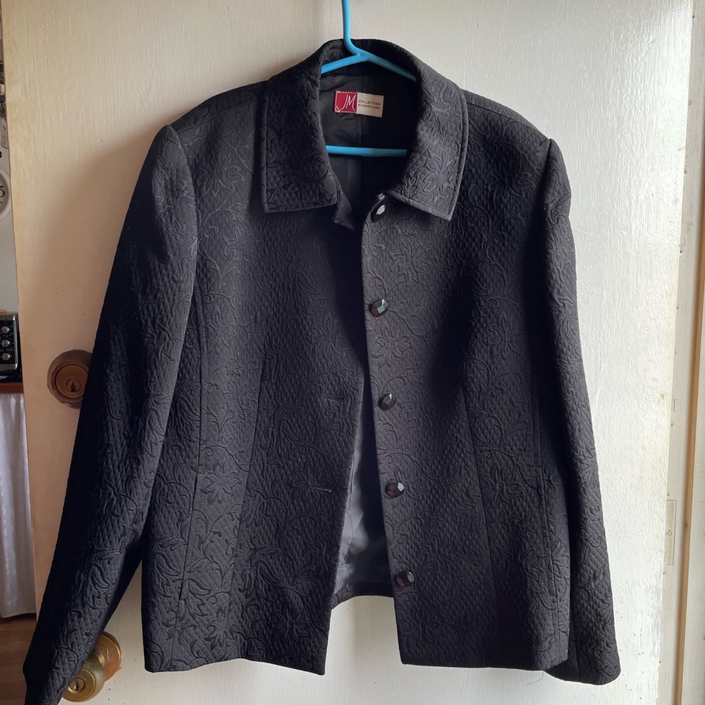 Black Lined Quilted Floral Design Dinner Jacket. Collection by Jennifer Moore